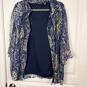 Maggie Barnes Black Blue Gray Patterned Semi-Sheer Top Tunic-0X Careerwear